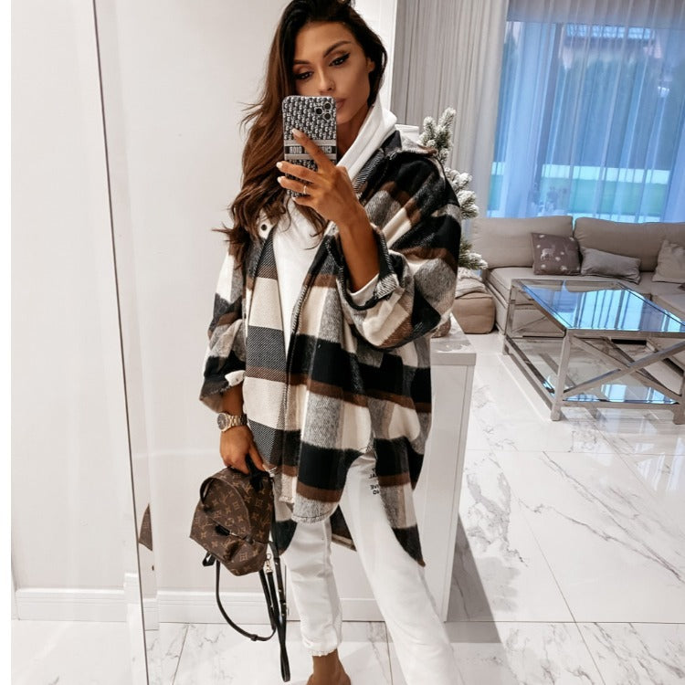 Ladies Casual Chic Plaid Hooded Jacket