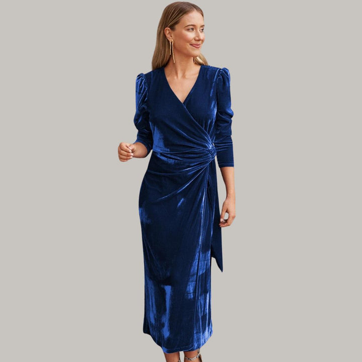 Lune London | Midi wrap dress in velvet with puff sleeves
