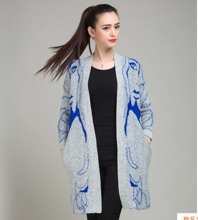 Women's knit coat with a unique artistic pattern and an open design Lune Londonl