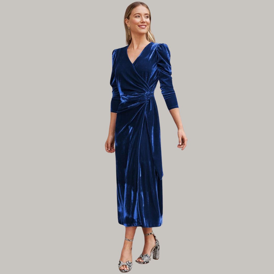 Lune London | Midi wrap dress in velvet with puff sleeves
