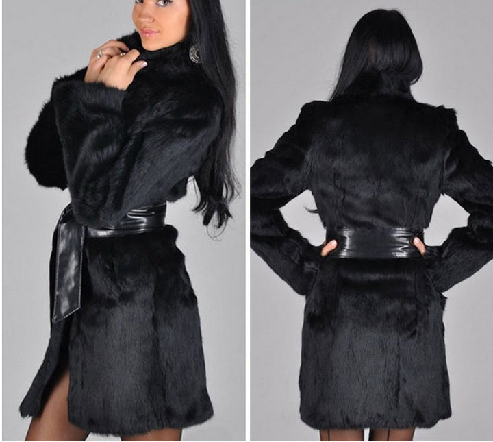 Ladies Elegant Faux Fur Coat with Belt Lune London