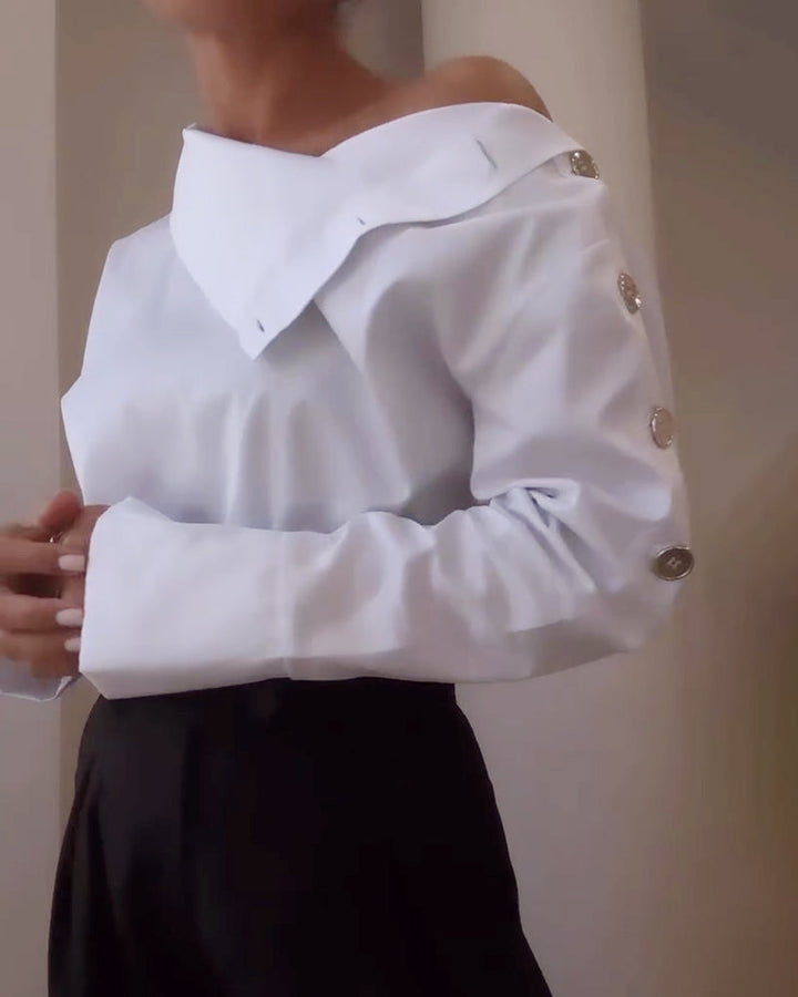 Women’s Cotton-Blend Blouse with Stand-Up Collar & Buckle Detail | Lune London