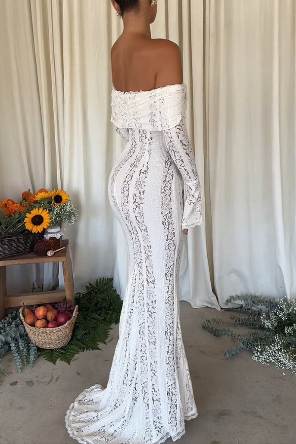 Lune London | Floral Lace Off Shoulder Flare Sleeve Fishtail Maxi Dresses - White