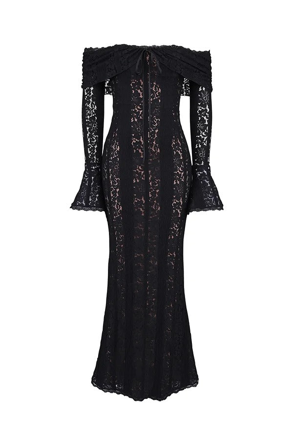 Lune London | Floral Lace Off Shoulder Flare Sleeve Fishtail Maxi Dresses - White