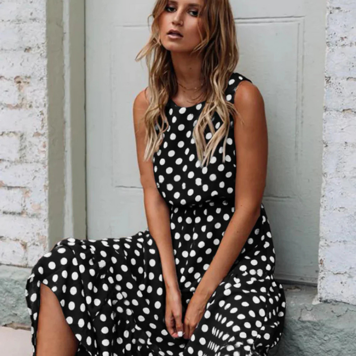 Lune London | Black Polka Dot Midi Dress for a Retro Chic Look