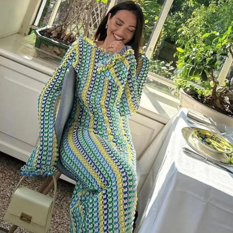 Lune London | Long-Sleeved Crochet Maxidress with Striped Pattern