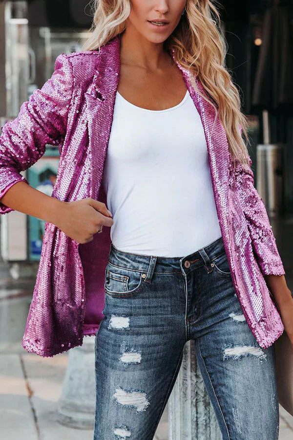 Chic Und Stil | Women Sequin Blazer with Long Sleeves and Lapels