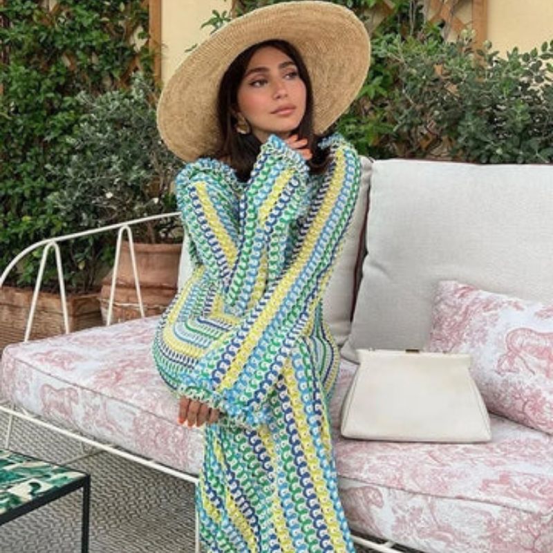 Lune London | Long-Sleeved Crochet Maxidress with Striped Pattern