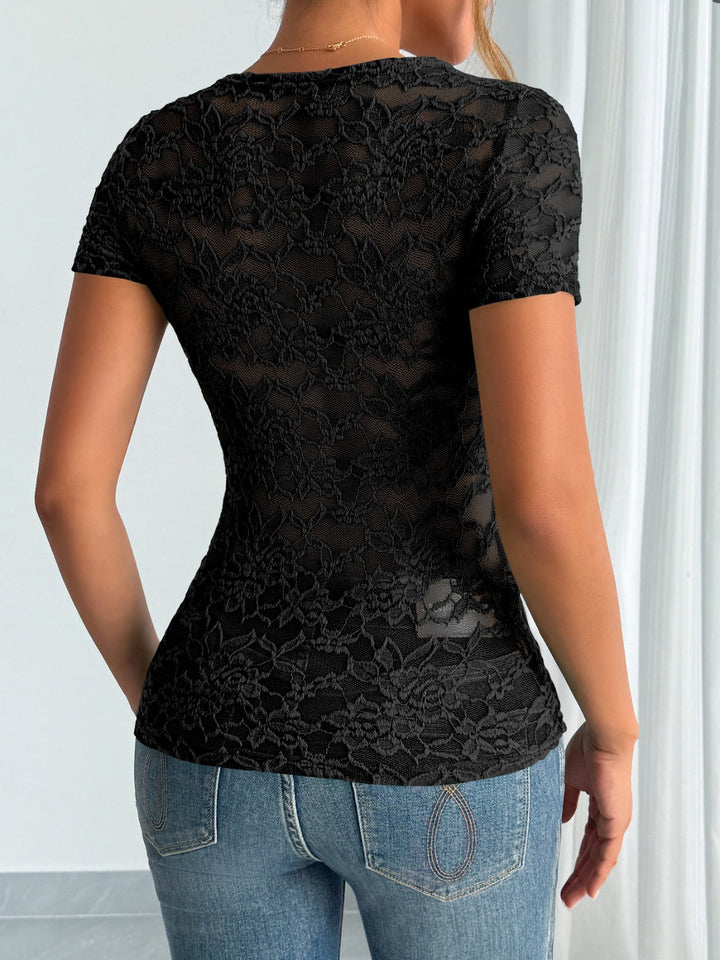 Lune London | Women Solid Sexy Lace V-Neck Short Sleeve