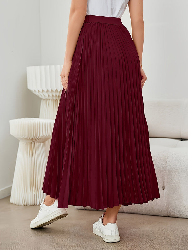 Lune London | Solid Color Pleated Midi Skirt with Elastic Waistband