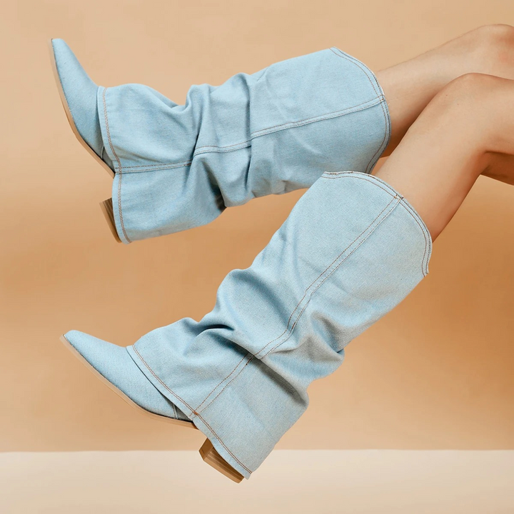 Lune London | Pleated Denim Boots with Block Heel