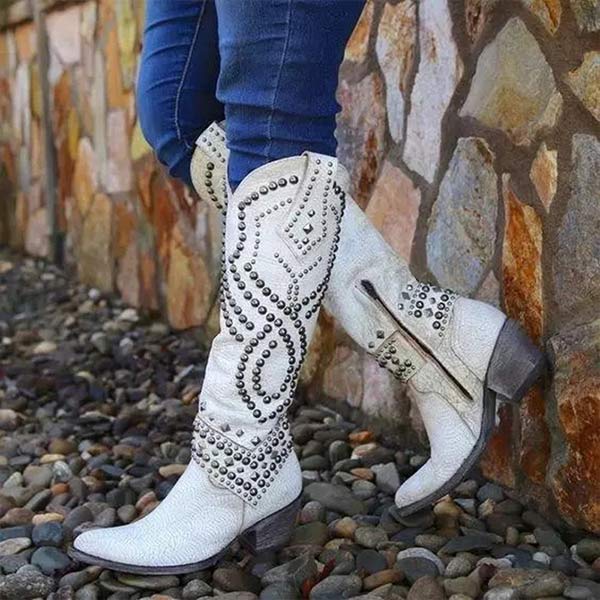 Lune London | Ankle-high leather boots - Thick heel - Studded - Zipper closure