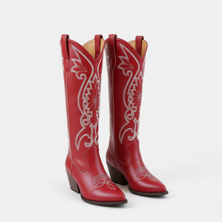 Lune London | Boots - Synthetic Leather - Knee Length - Embroidered Western - Block Heel