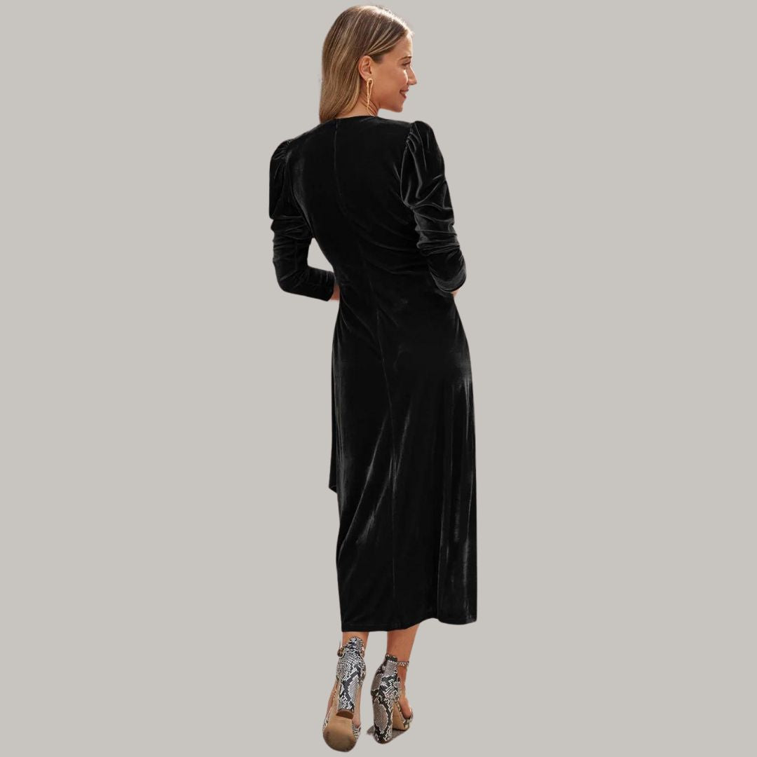 Lune London | Midi wrap dress in velvet with puff sleeves