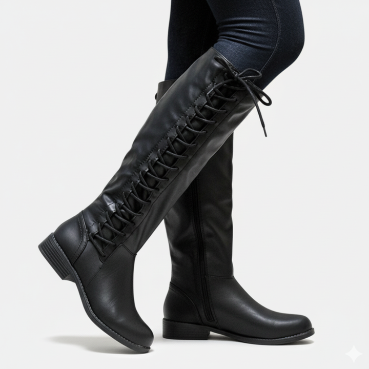 Lune London | Knee-high Boots - Faux Leather - Cross Lacing - Side Zipper - Block Heel