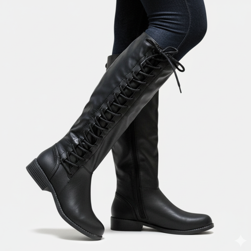 Lune London | Knee-high Boots - Faux Leather - Cross Lacing - Side Zipper - Block Heel