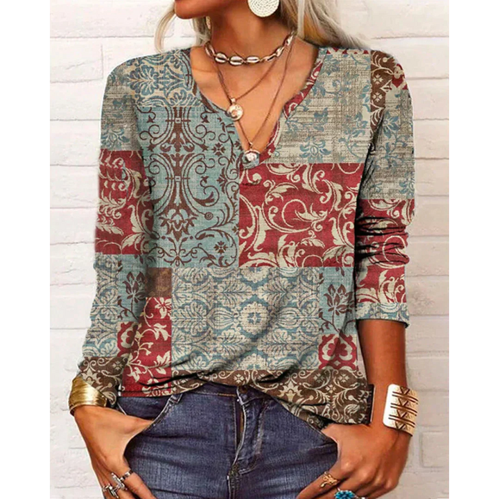 Lune London | Style V Neck Blouse with Long Sleeves - Colorful Floral Pattern Design for Women
