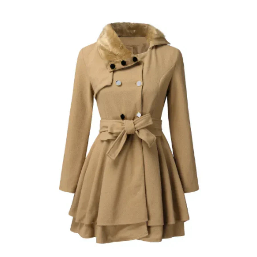 Lune London | Coat Wool Blend Flattering A-Line Faux Fur Collar Belt
