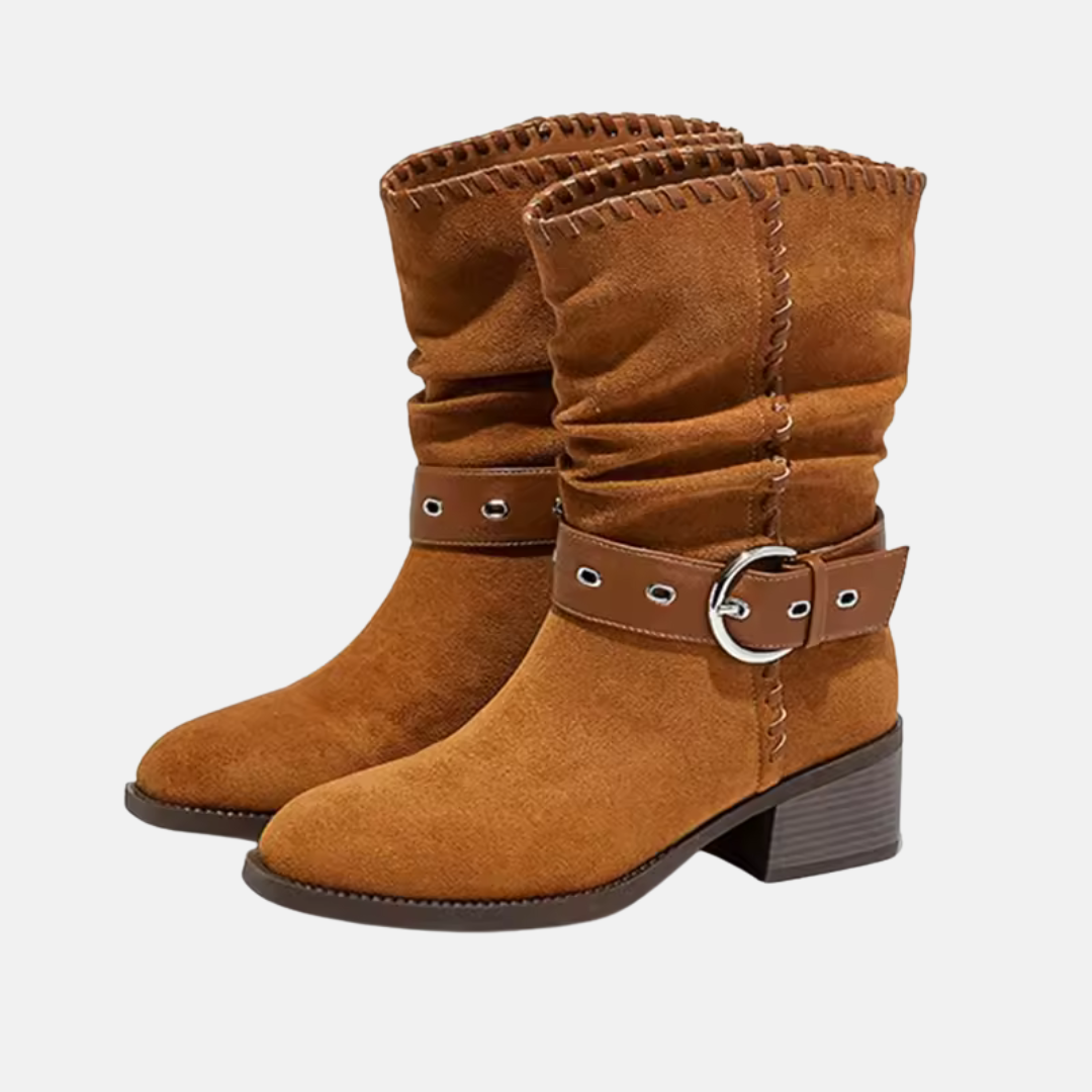 Lune London | Boots - Faux Suede - Mid-Calf Slouchy Shaft - Almond Toe - Block Heel