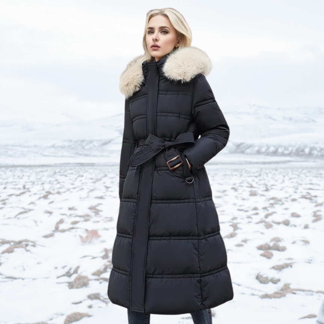 Lune London | Long Winter Jacket Puffer Design Faux Fur Hood Tailored Belt Warm and Insulating