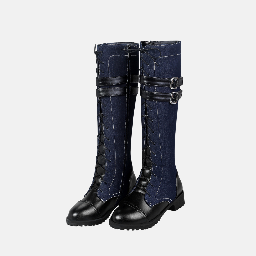 Lune London | Knee socks - Faux leather - Lacing in front - Buckle strap - Low block heel