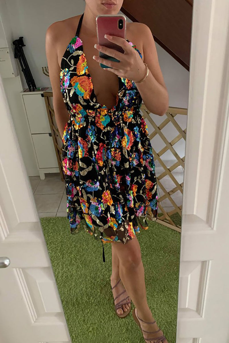 Lune London | Rainbow Sequin Open Back Slip Mini Dress