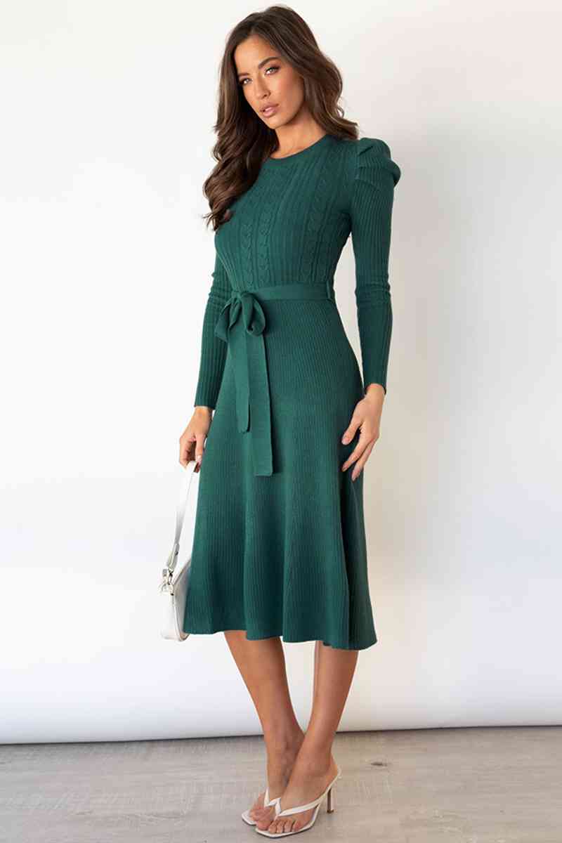 Lune London | Round Neck Long Sleeve Knot Waist Sweater Dress