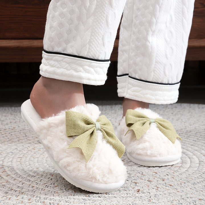 Lune London | White Fluffy Slippers with Pink Bow