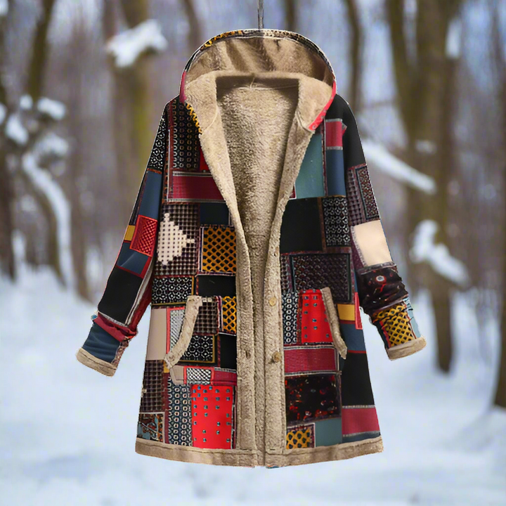 Lune London | Longer Patchwork Coat - Lined with Fleece - Hood & Button Closure - Casual Look