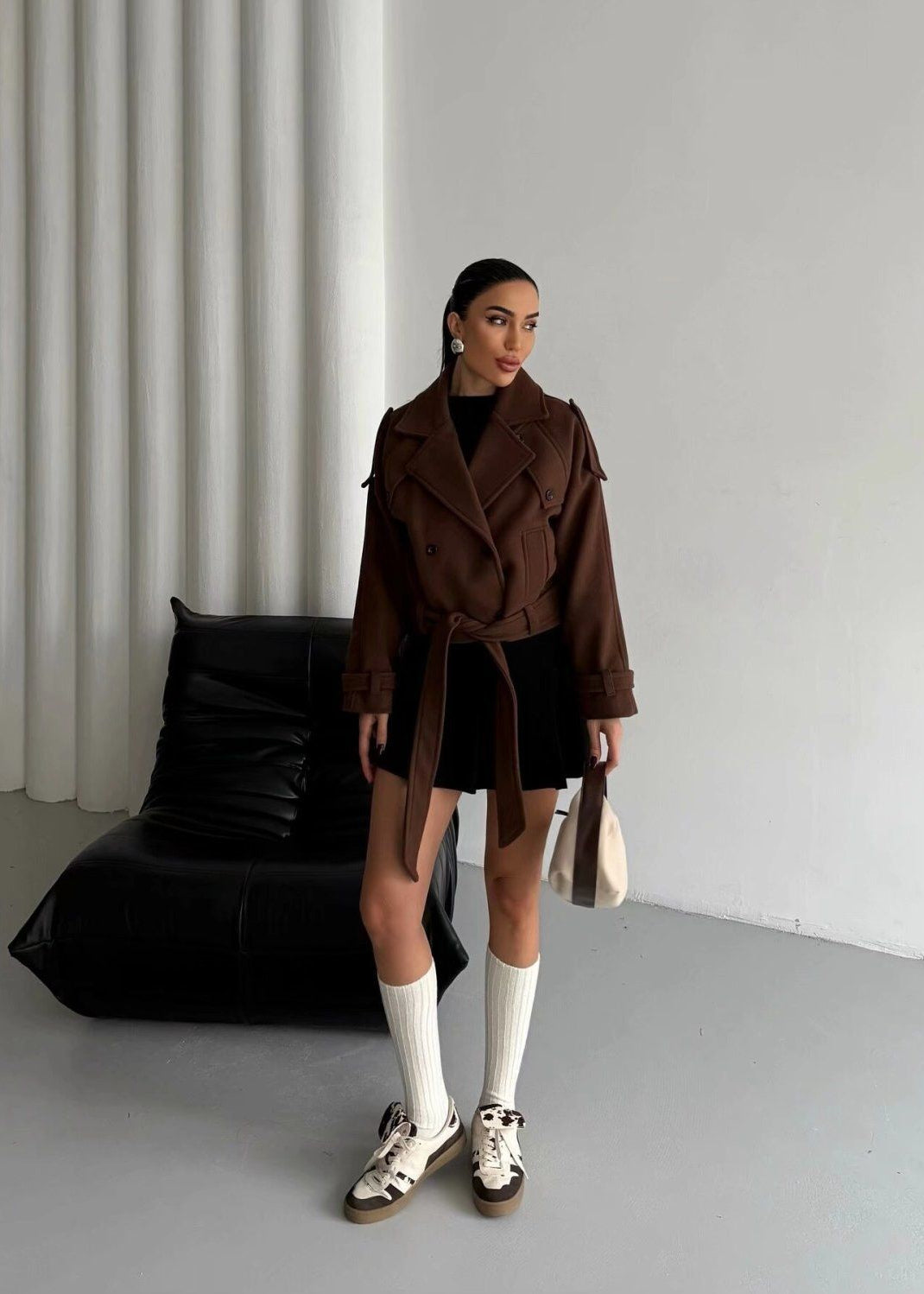Lune London | Cropped Wool Blend Belted Trench Coat