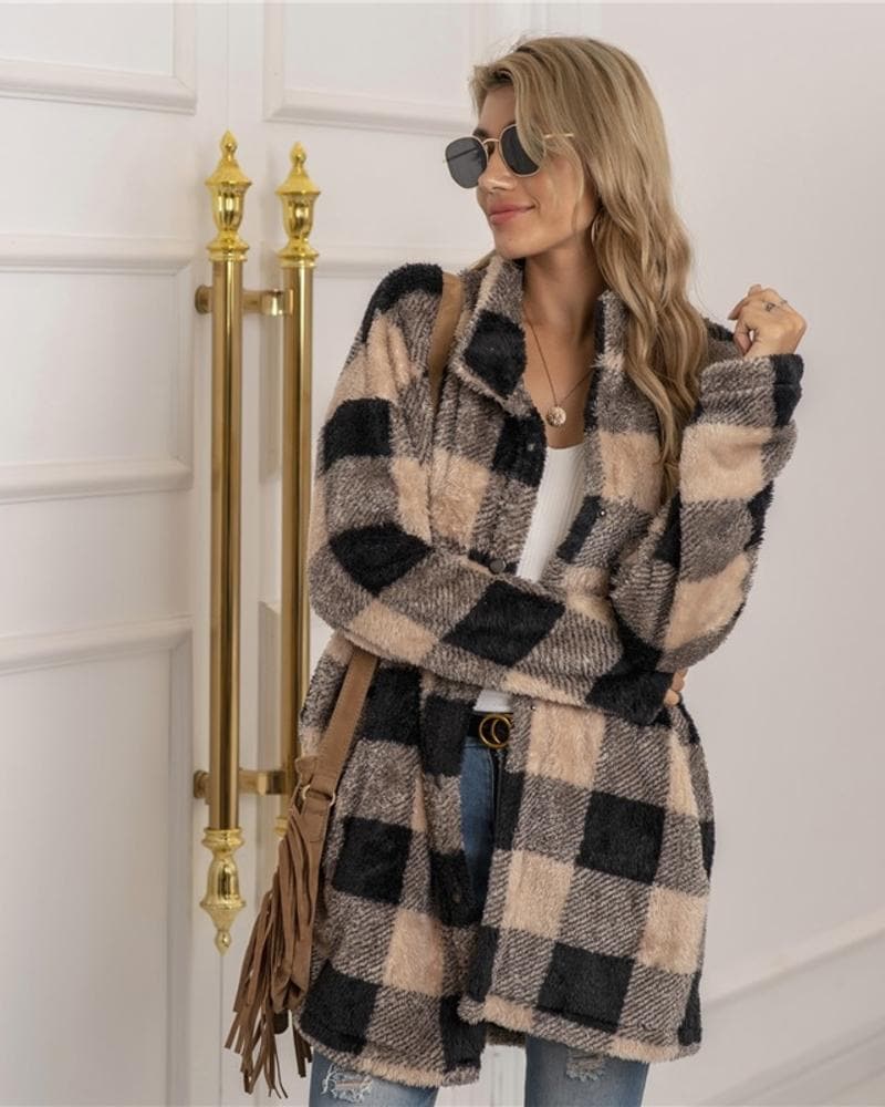 Lune London | Coat - Plus Size - Soft and Warm - Checkered Pattern - Button Closure