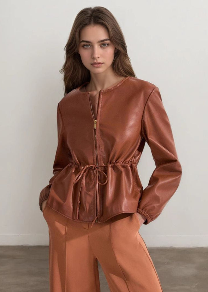 Lune London | Cognac Faux Leather Zip Jacket with Drawstring Waist