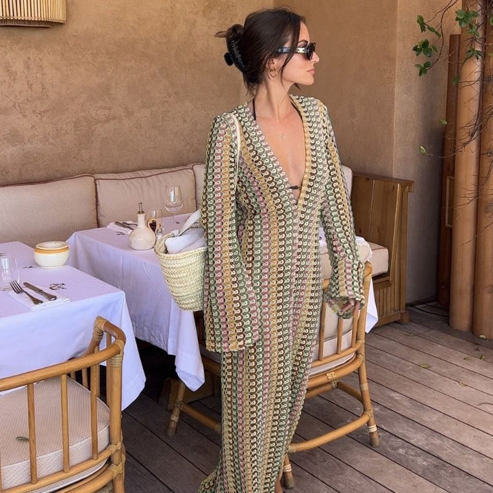 Lune London | Long-Sleeved Crochet Maxidress with Striped Pattern