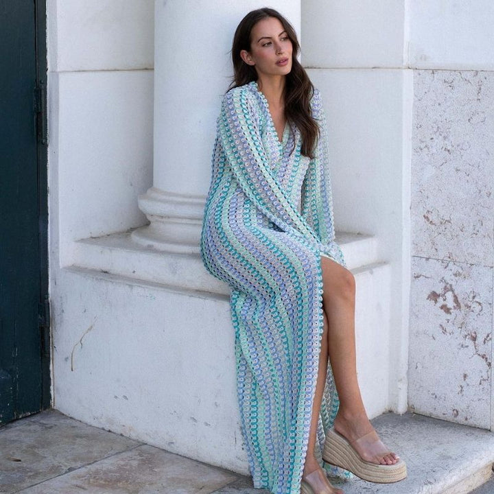Lune London | Long-Sleeved Crochet Maxidress with Striped Pattern