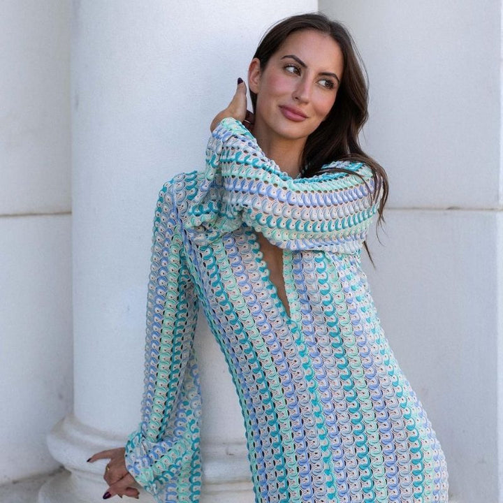 Lune London | Long-Sleeved Crochet Maxidress with Striped Pattern