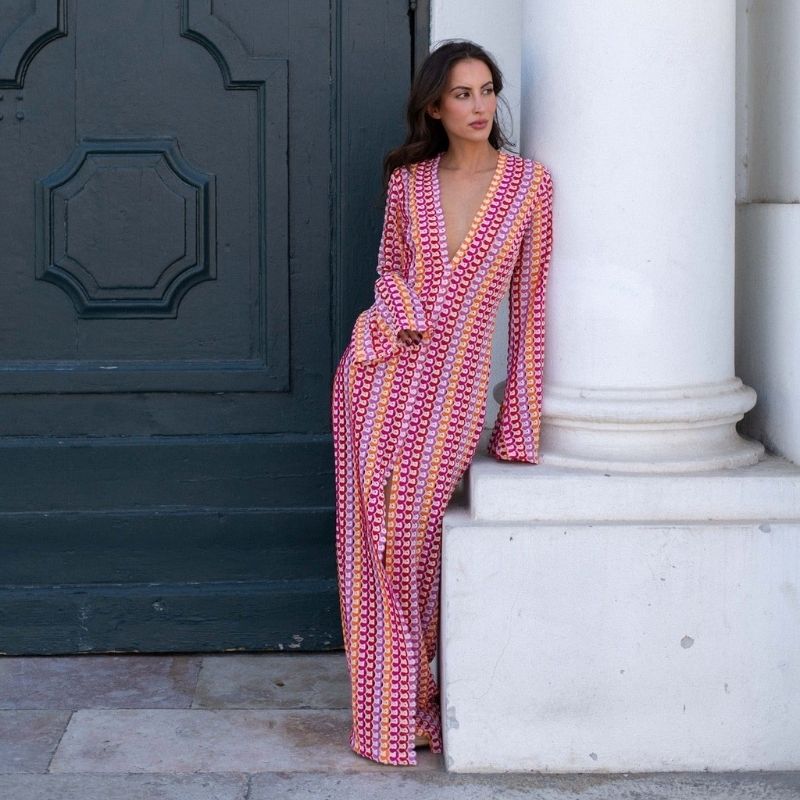 Lune London | Long-Sleeved Crochet Maxidress with Striped Pattern