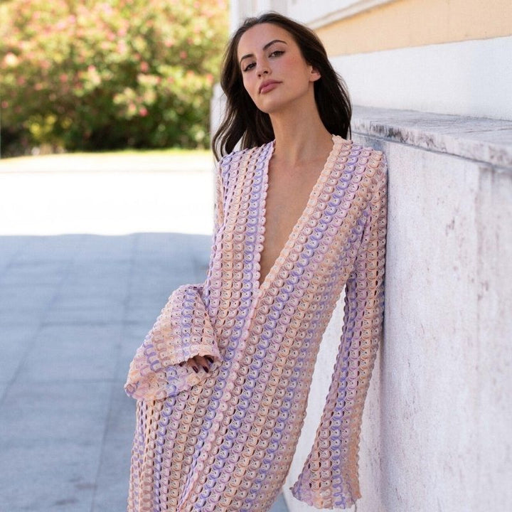 Lune London | Long-Sleeved Crochet Maxidress with Striped Pattern