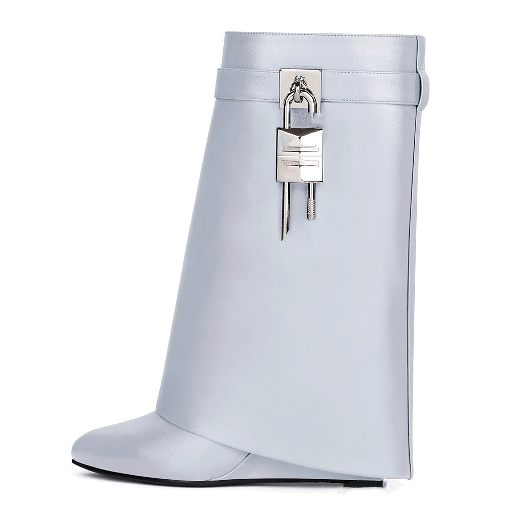 Lune London | Women's Fashion Slanted Heel Round Toe Leather Upper High Heel Zip Short Boots