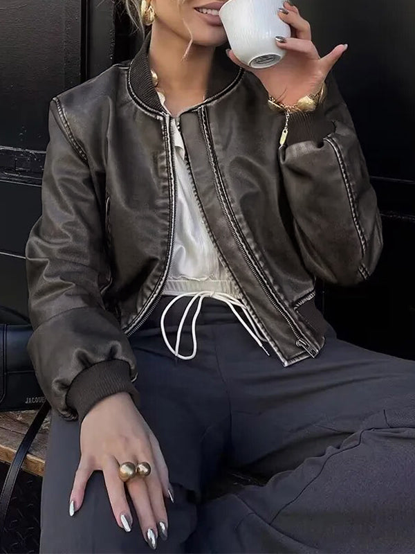 Lune London | Solid Color Leather Bomber Jacket