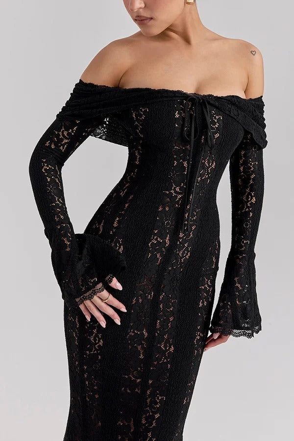 Lune London | Floral Lace Off Shoulder Flare Sleeve Fishtail Maxi Dresses - White