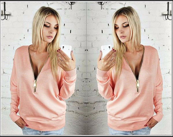Sweat-shirt femme avec fermeture éclair et décolleté en V généreux Chic & Stil