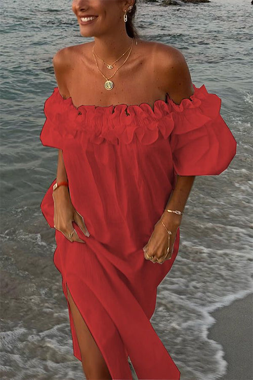 Lune London | Rosiedress Off Shoulder Ruffle Trim Split Cotton Linen Maxi Vacation Dress