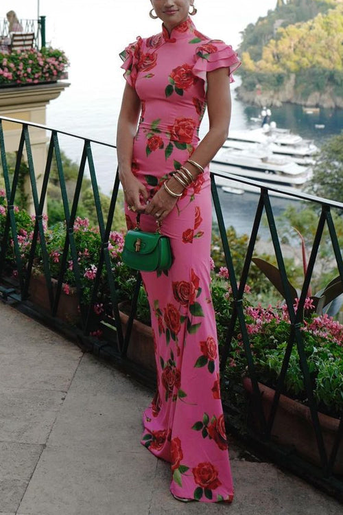Lune London | Ruffled Sleeves Rose Pattern Maxi Cheongsam Dress