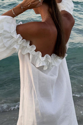 Lune London | Rosiedress Off Shoulder Ruffle Trim Split Cotton Linen Maxi Vacation Dress