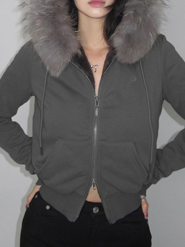 Lune London | Solid Color Letter Embroidery Faux Fur Seam Jacket