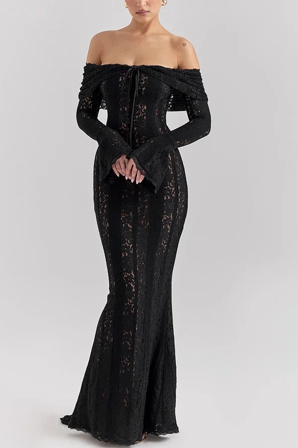 Lune London | Floral Lace Off Shoulder Flare Sleeve Fishtail Maxi Dresses - White