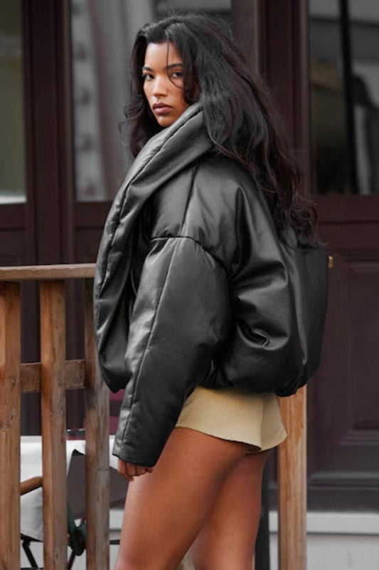 Lune London | Leather Stand Collar Cropped Puffer Jacket
