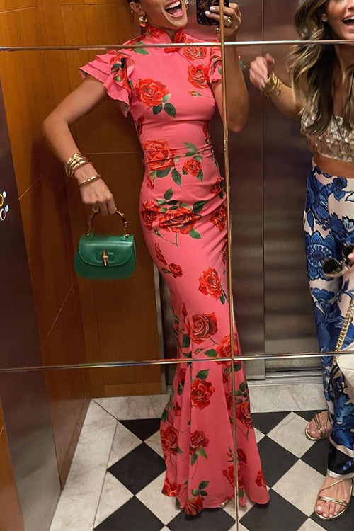 Lune London | Ruffled Sleeves Rose Pattern Maxi Cheongsam Dress