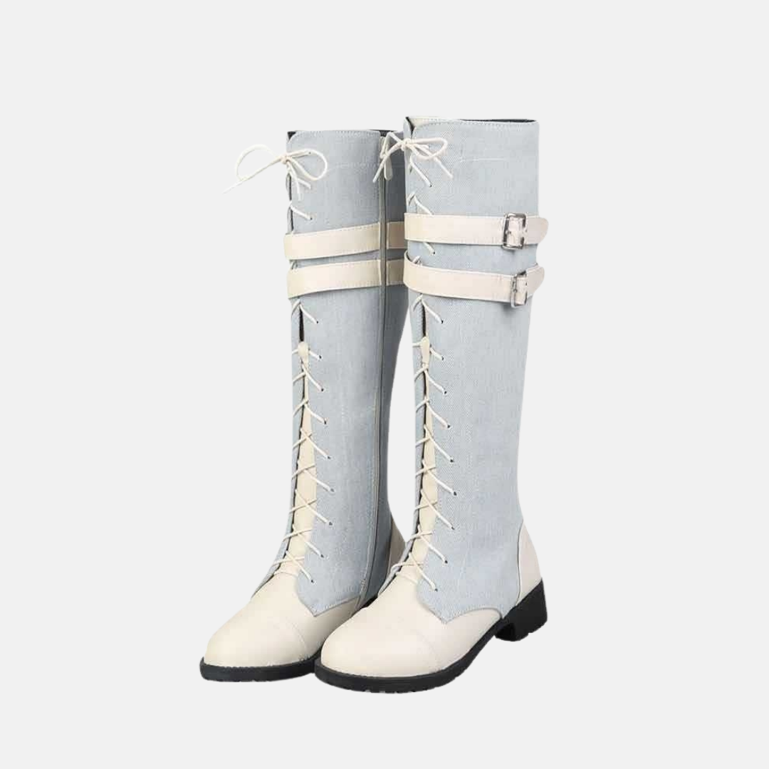 Lune London | Knee socks - Faux leather - Lacing in front - Buckle strap - Low block heel