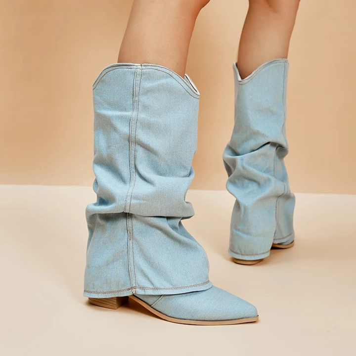 Lune London | Pleated Denim Boots with Block Heel
